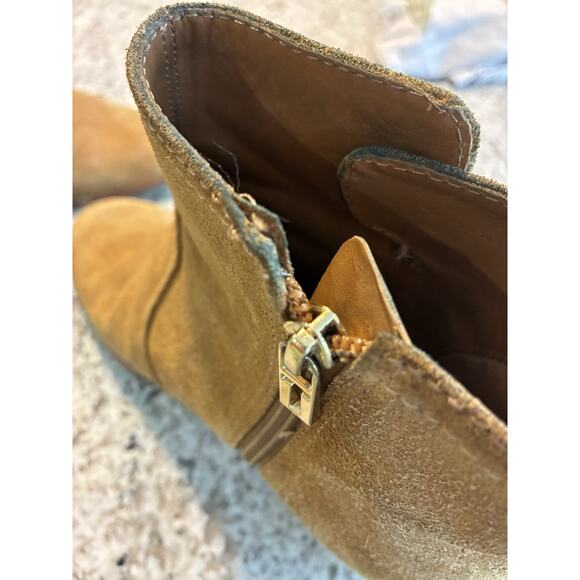 Tory Burch Sabe Caramel Suede Ankle Bootie Side Zipper Heel Logo Brazil SZ 10 - Picture 8 of 9
